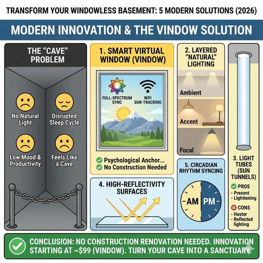 Infographic comparing Vindow smart virtual window with other solutions for windowless basements, showing benefits of faux window daylight, Wi-Fi sun-tracking, and no construction needed.
