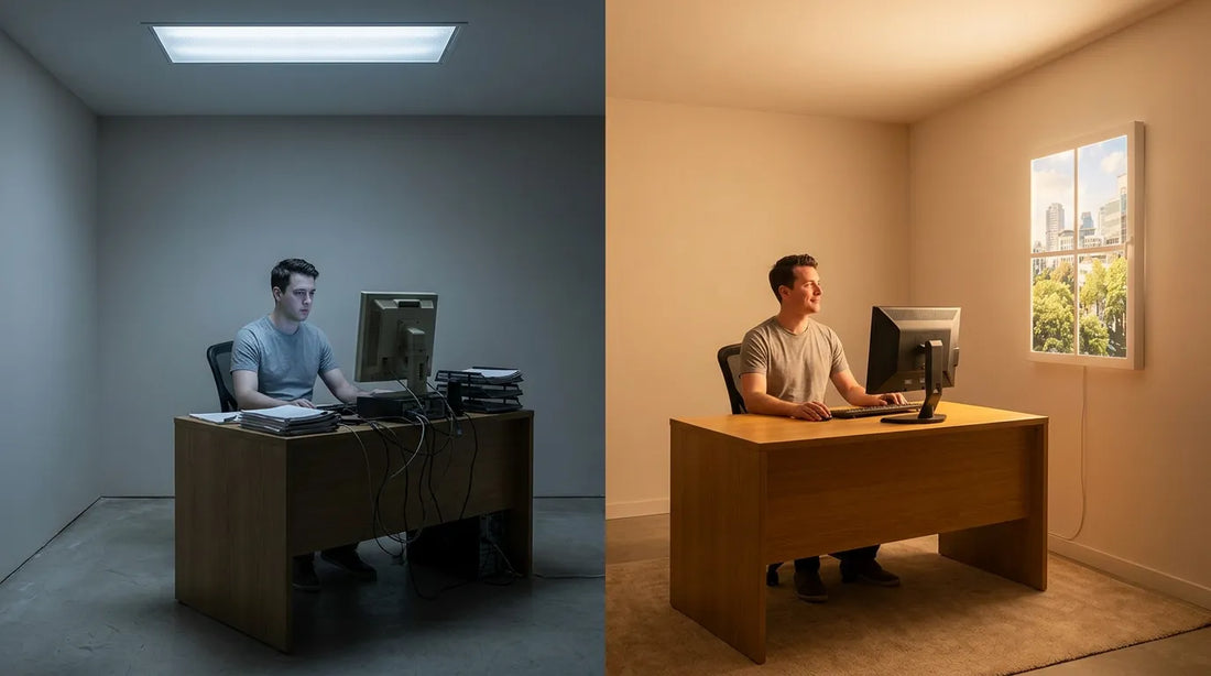 Split-scene comparison: dim windowless office under fluorescent light (left) vs warm bright office with Vindow virtual window panel (right)