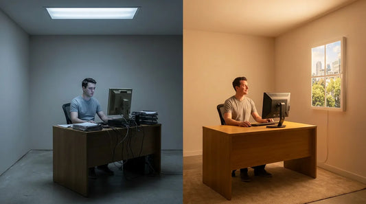 Split-scene comparison: dim windowless office under fluorescent light (left) vs warm bright office with Vindow virtual window panel (right)