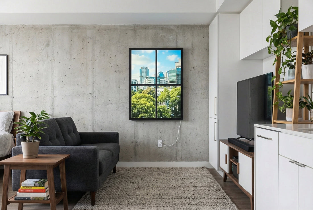 Modern living room featuring a Vindow smart virtual window with a bright cityscape view.