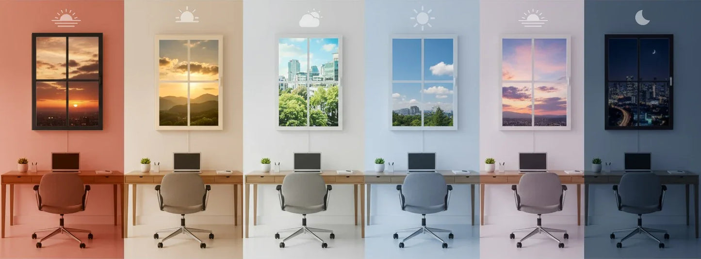 Vindow virtual window displaying various daylight scenes above modern desks in a home office