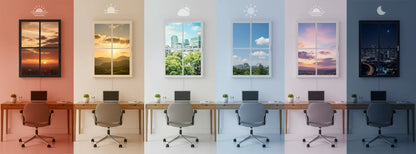 Vindow virtual window displaying various daylight scenes above modern desks in a home office