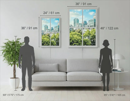 Vindow virtual window size guide above sofa, showing two faux window options with urban scenery.