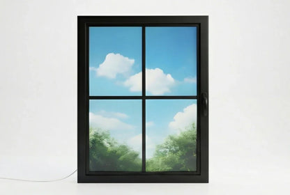 Vindow virtual window with black frame, displaying realistic sky and greenery, faux window decor