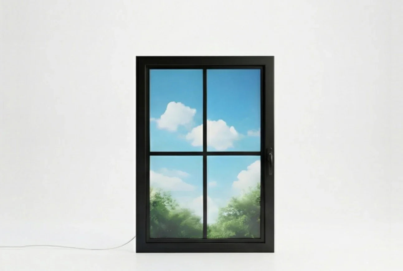Vindow black frame virtual window displaying blue sky and clouds, realistic faux daylight for indoors
