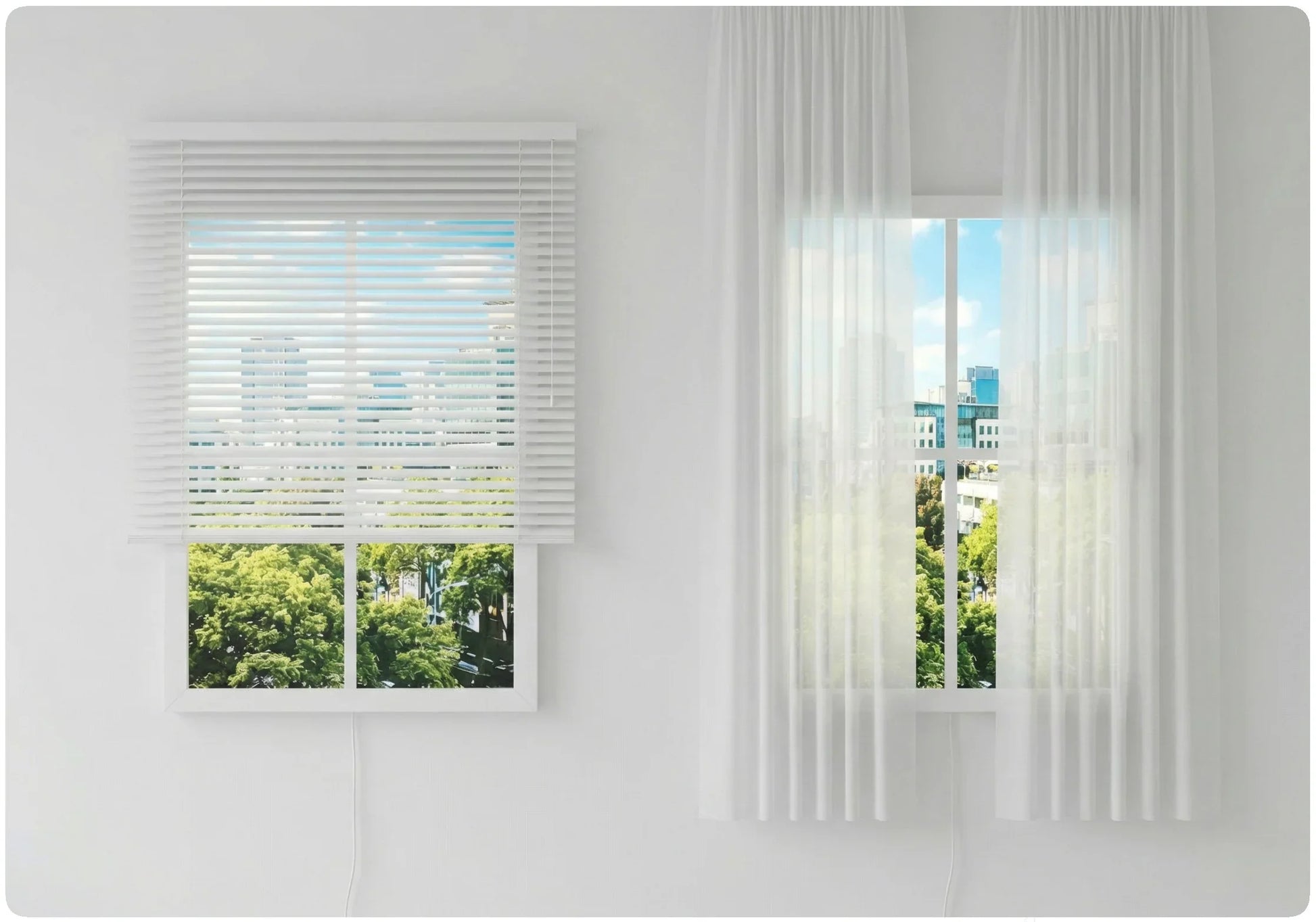 Vindow virtual window display with blinds and curtains, showing daylight city view