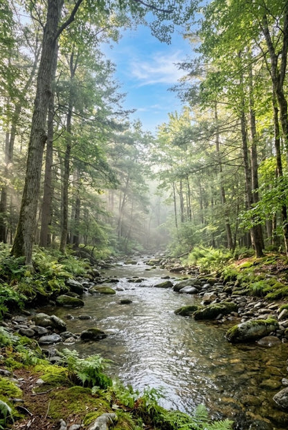 Misty forest stream printed scenic insert for Vindow virtual window