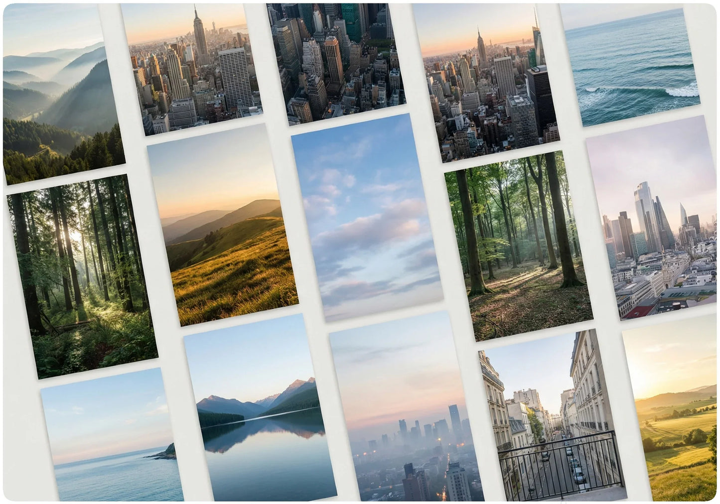 Assorted landscape and cityscape posters for Vindow virtual window, faux window product.