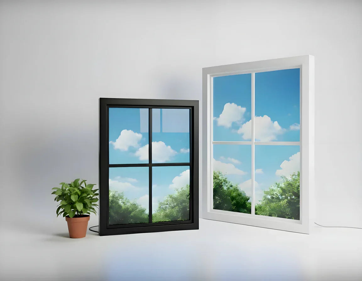 Two Vindow virtual windows with realistic daylight scenes, faux window with sky, and potted plant