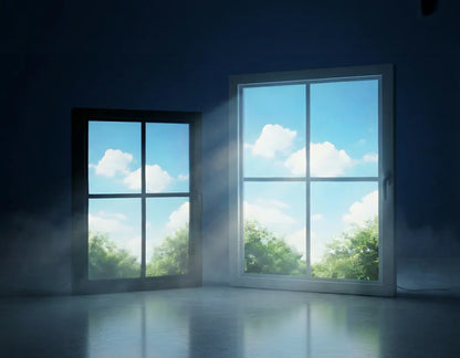 Two Vindow virtual windows on a dark wall display realistic daylight and blue sky scene.