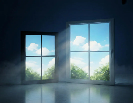 Two Vindow virtual windows on a dark wall display realistic daylight and blue sky scene.
