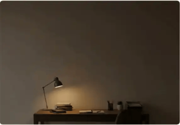 Vindow virtual window adds realistic daylight to a windowless home office workspace.